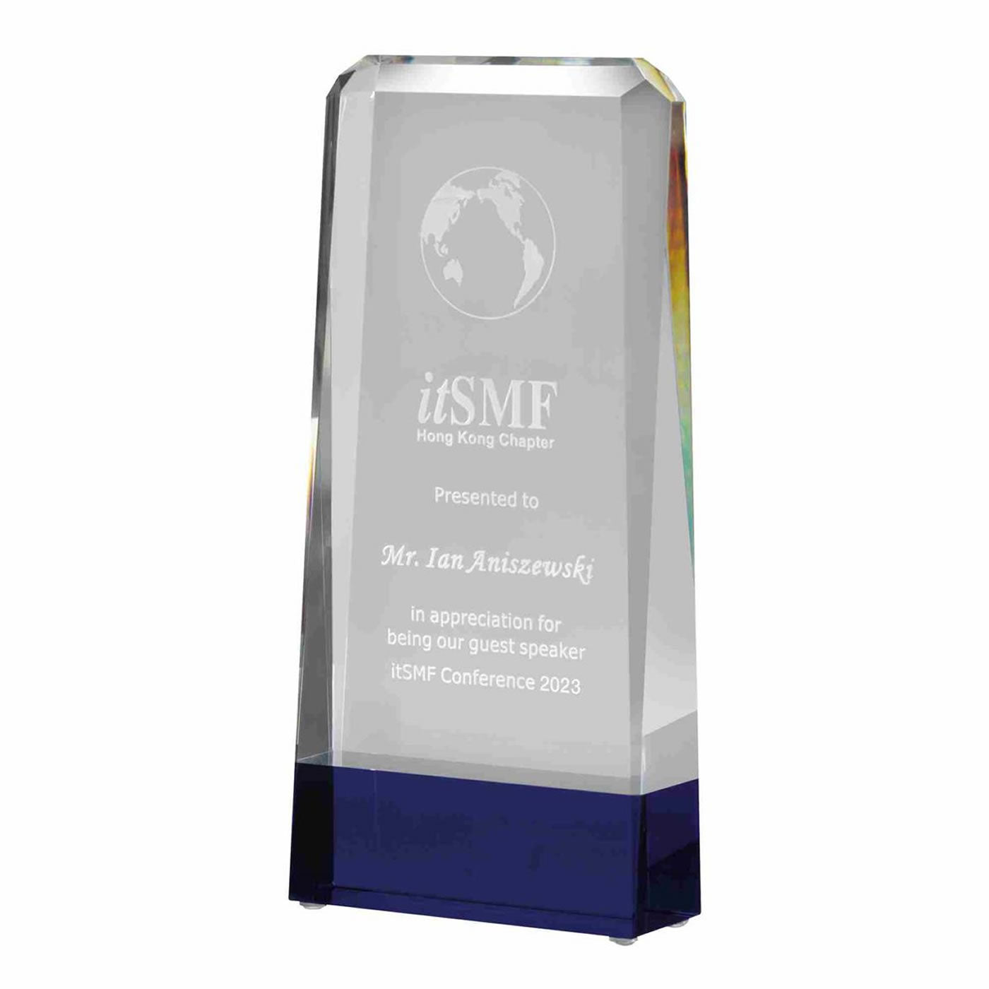 Clear & Blue Wedge Optical Crystal Award Trophy