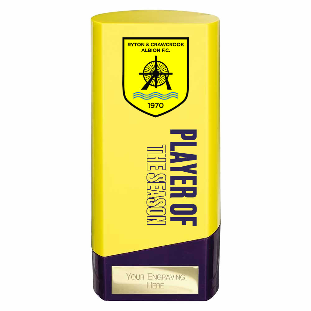 Customised Printed Prime Football Trophies Team Awards Yellow & Purple - Pack of 16