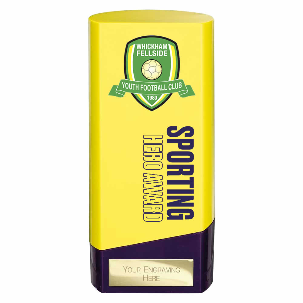 Customised Printed Prime Football Trophies Team Awards Yellow & Purple - Pack of 16