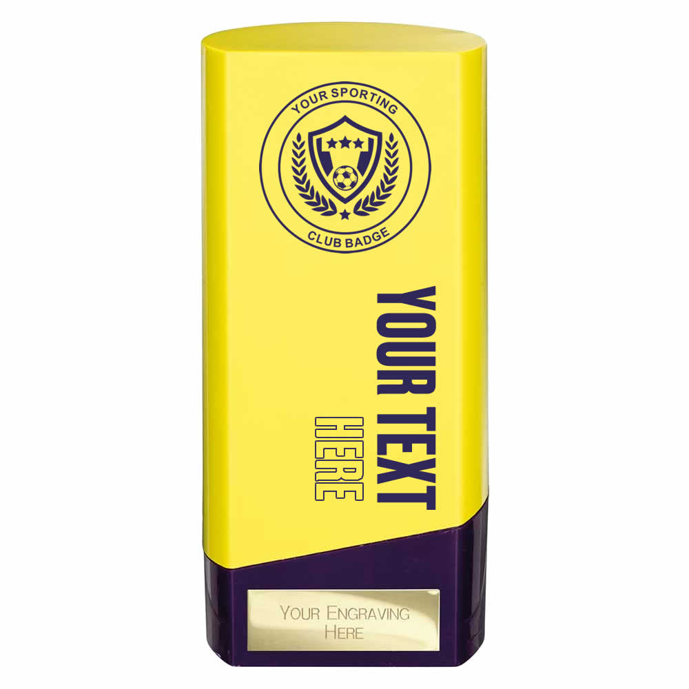 Customised Printed Prime Football Trophies Team Awards Yellow & Purple - Pack of 16
