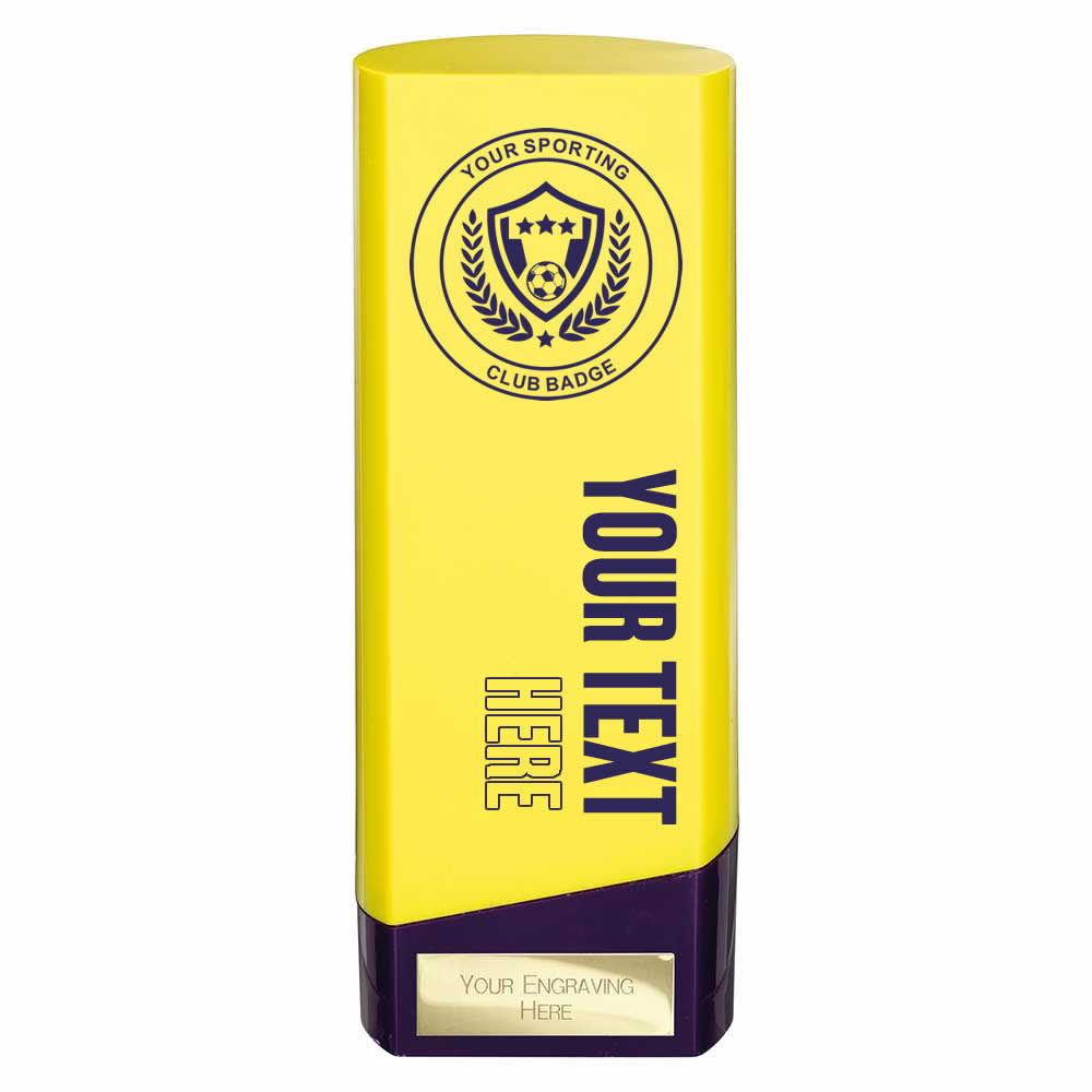 Customised Printed Prime Football Trophies Team Awards Yellow & Purple - Pack of 16