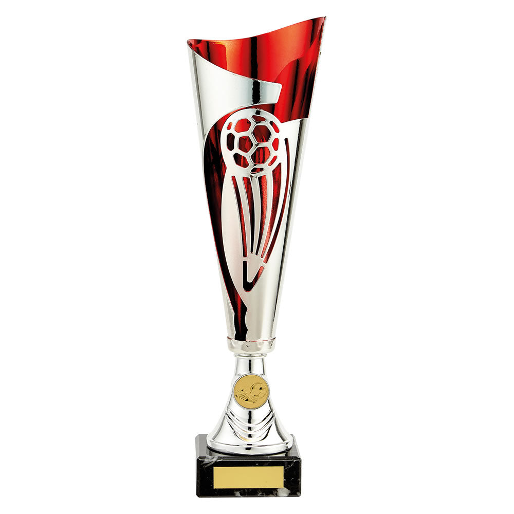 Laser Cut Champions Soccer Trophy Cup In Silver And Red