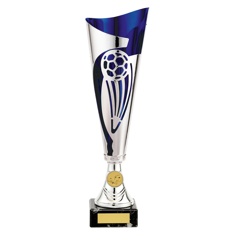 Laser Cut Champions Soccer Trophy Cup In Silver And Blue