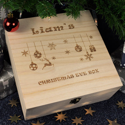 Personalised Wooden Christmas Eve Box - Hanging Baubles